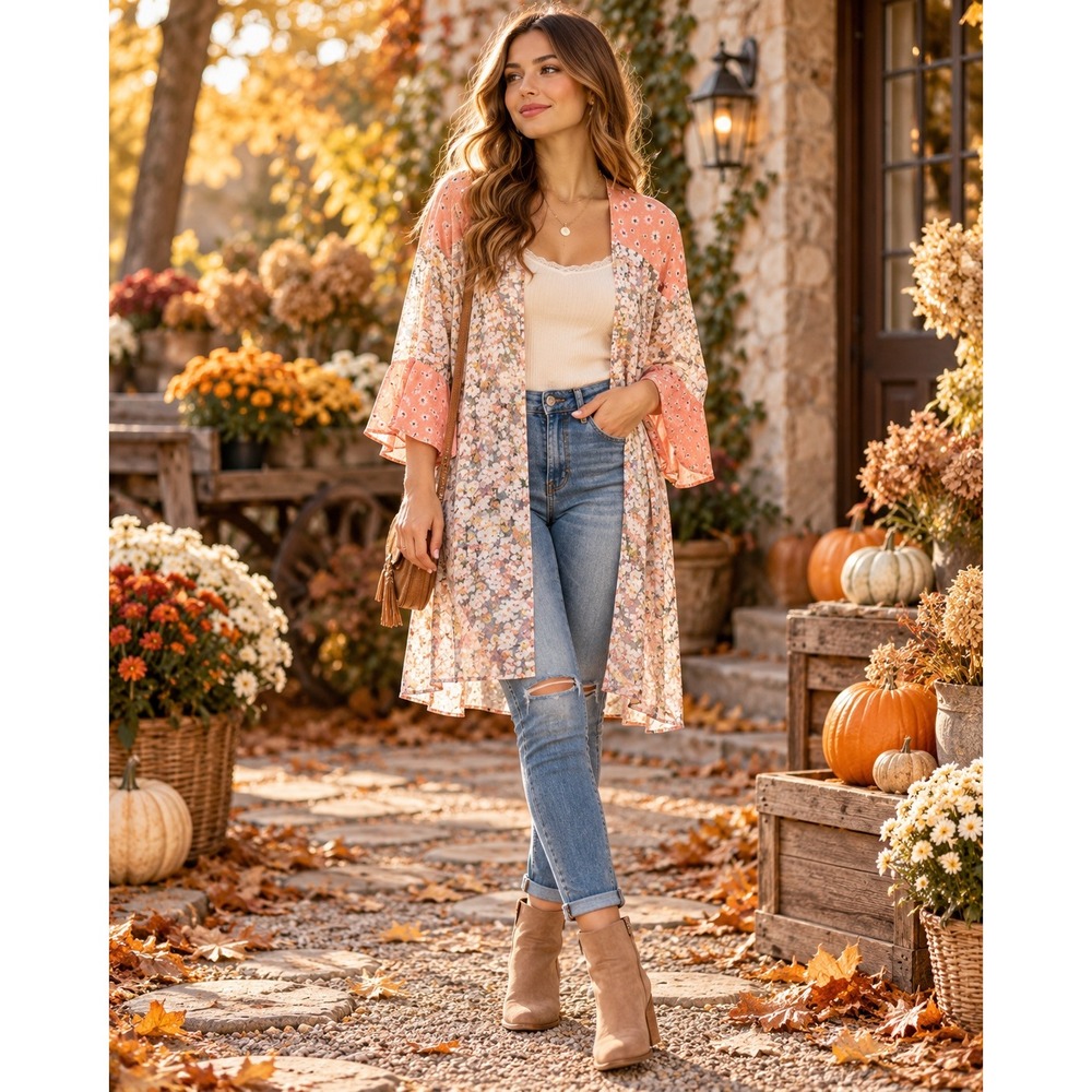 Women Small Medium Floral Kimono Duster Boho Cottagecore Bell Sleeve Rayon